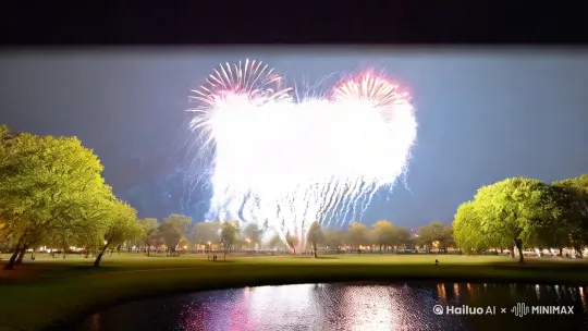 天空上方突然迸发出绚丽耀眼的烟花，霎时间天空被焰火照亮，营造出一种盛大浪漫、梦幻瑰丽的氛围。 by Hailuo AI Video Generator