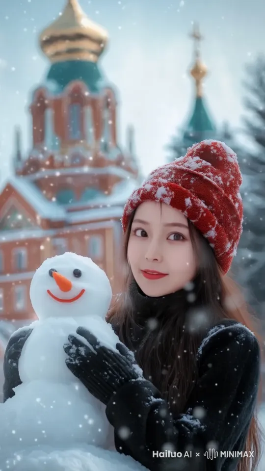 女孩在开心的堆雪人，她戴着黑色毛线手套，轻轻地拍打着雪人的肚子，天空下着雪 by Hailuo AI Video Generator