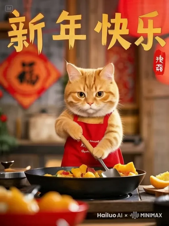 橘猫拿着锅铲在炒菜，锅里冒除淡淡的白色的气 by Hailuo AI Video Generator