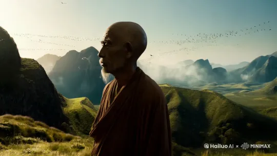 一位古代诗人在遥望远方的群山，山间有群鸟在飞翔， by Hailuo AI Video Generator