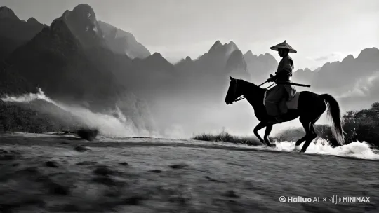 在这黑白朦胧的世界里,极目远眺,层峦叠嶂的群山宛如大地的脊梁,又似沉睡的巨龙蜿蜒盘踞。淡薄雾气中,高耸的山峰若隐若现,透着神秘。群山环绕间,有一处开阔之地,那是剑客奔行的路。
镜头拉远,侧面望去,一位剑客骑着骏马闯入此境。他身背古朴大剑,头戴斗笠,身姿挺拔地端坐马背,单手稳稳拉住马缰 ,动作娴熟而潇洒。骏马四蹄腾空,如黑色闪电般在山水间飞驰,马蹄踏水,水花飞溅又消散。
剑客在烟雾缭绕的山水间穿梭,四周的山峦、雾气、流水迅速后退。他仿若孤独的行者,在这天地间追寻着自己的信念,渐行渐远。 by Hailuo AI Video Generator