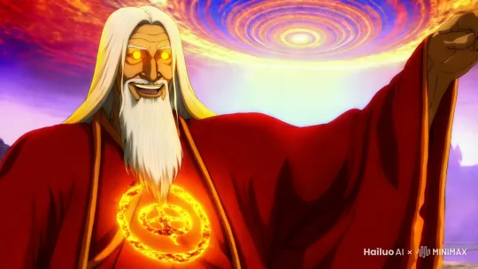 他一头白发，双眼如同燃烧的火球，满脸的白胡子，咧着嘴，胸前的衣服是敞开的，露出了其胸口上的火环印记！ 身影背后闪烁着一道巨影，如同耀阳烈焰，气势强悍，威势震天！ 
这名修士身披火红色的长袍，背面是一圈火环的符印，与上空出现的那道传送门完全一样。 by Hailuo AI Video Generator