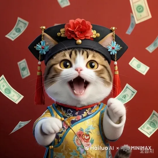 天上撒钱小猫在开心的接着钱，很开心 by Hailuo AI Video Generator