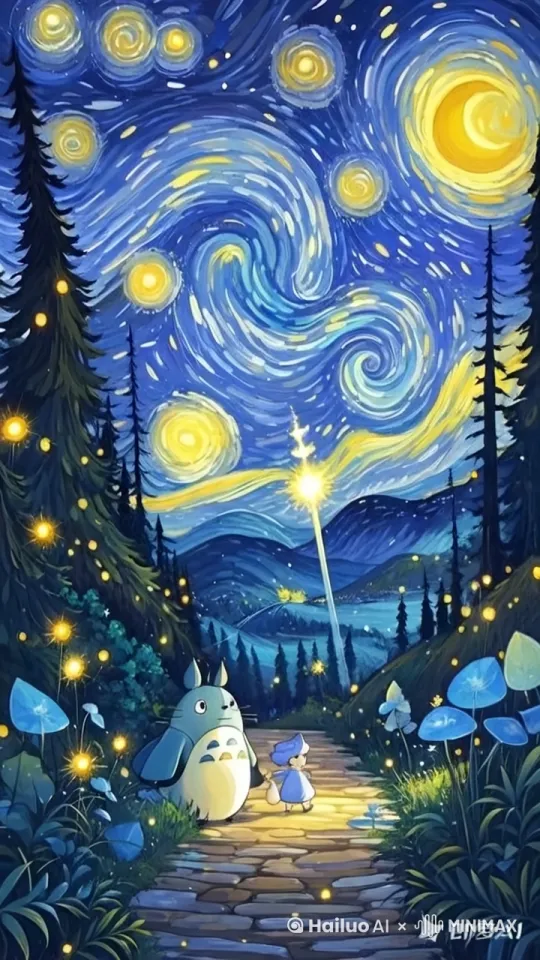 星空旋转，图中的动物和小孩向前走动，萤火虫也要飞起来,其他要素不要变，整个画面要有运镜的效果，看起来比较有童趣 by Hailuo AI Video Generator