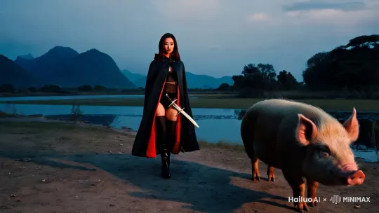 风韵犹存亚洲26岁熟女，膀大腰圆，穿性感紧身衣，大长腿，大腿上有佩刀，傲慢猫步向前走，作战靴，丝袜长款深色披风内衬红色，单手经典冷兵器。战斗猪在旁边，朝霞下远处大山近水边，环绕由远推近到上半身。 by Hailuo AI Video Generator