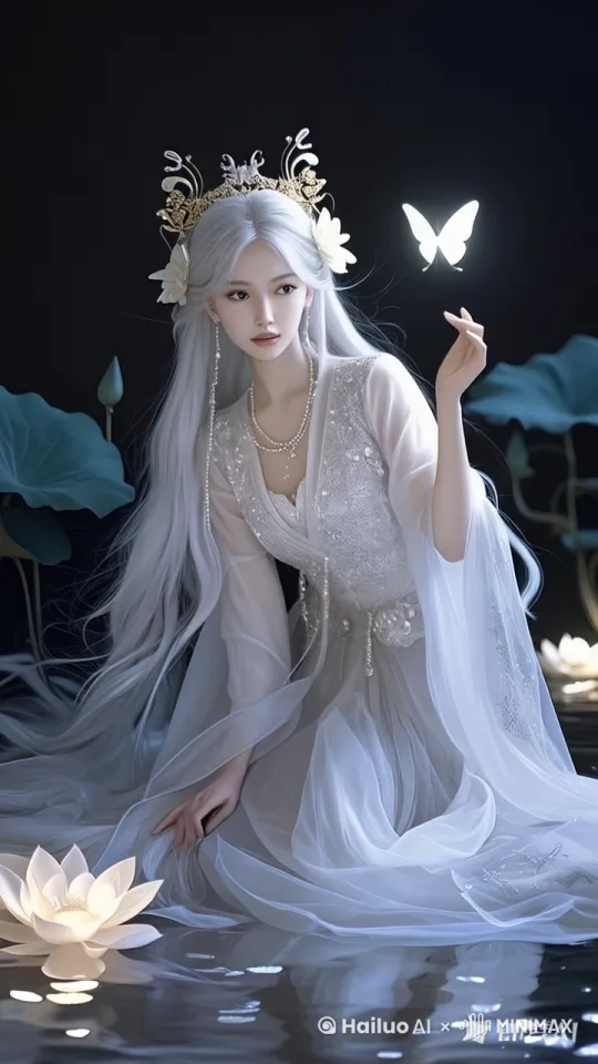 姿态：女子半蹲在水面上，身体微微前倾，一只手轻轻触碰水面，仿佛在与水中的生物交流。她的姿态优雅而自然，充满了和谐与平衡。
动作：她的另一只手轻轻抬起，手指间似乎有魔法的光芒闪烁，吸引着周围的蝴蝶和莲花灯向她靠近。她的动作轻柔而充满力量，仿佛能控制周围的自然元素。 by Hailuo AI Video Generator