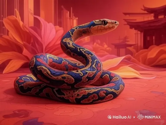 在夜幕的笼罩下，一条神秘的生物苏醒了…这条漂亮的蛇盘绕成一个复杂的形状，展示其灵活性。蛇的信子快速地吐出，仿佛在探测周围的环境。​它的身躯如丝绸般柔韧，盘旋成自然的雕塑。它的信子灵敏地探测着空气中的秘密。蛇静止下来，回到最初的图片状态，但背景变成一个自然的或神秘的环境 by Hailuo AI Video Generator