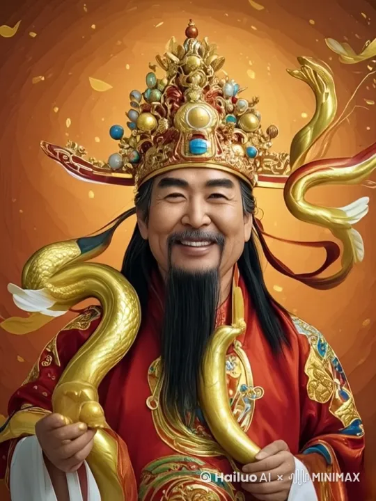 图中财神爷手一指，变吃一棵摇钱树，又一指，变出一个金光闪闪的聚宝盆，高清，场景丰富细腻，比例9：16 by Hailuo AI Video Generator