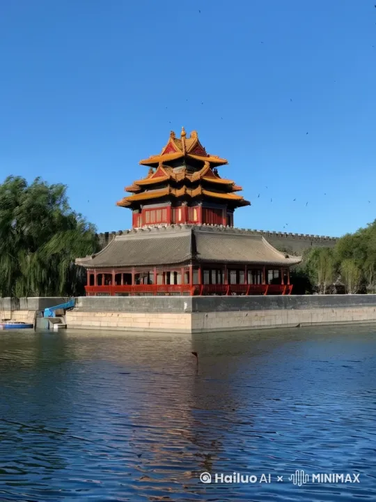 大量洪水从角楼门窗中喷涌而出，落入河里，河水泛滥 by Hailuo AI Video Generator