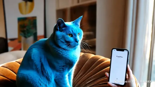 一只很胖很胖蓝色的猫在看快手 by Hailuo AI Video Generator