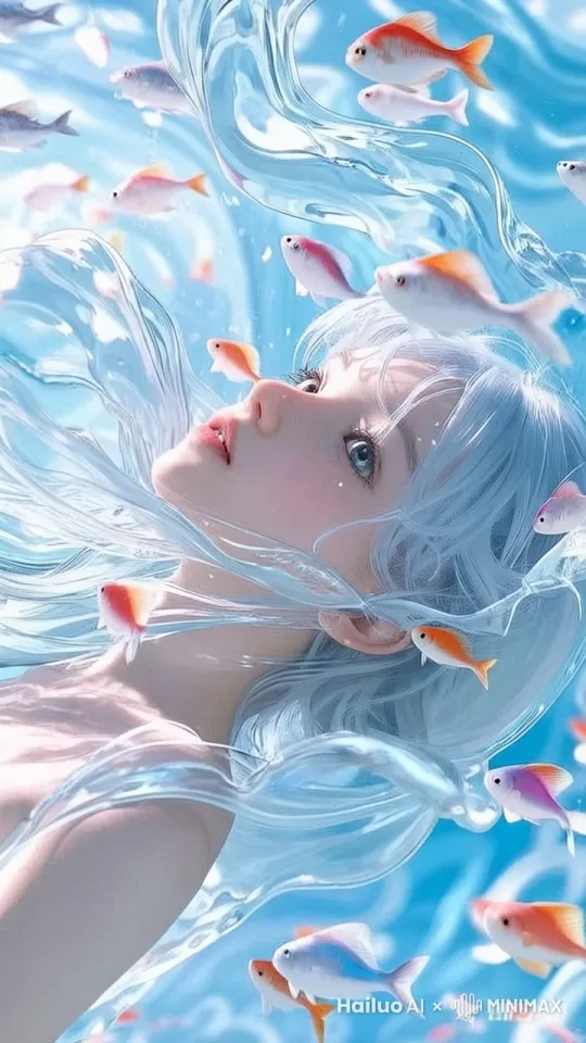 让鱼儿游动起来，女孩头发飘逸，生动形象 by Hailuo AI Video Generator