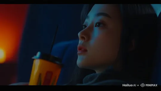女孩在影院的座位上，喝了一口饮料 by Hailuo AI Video Generator
