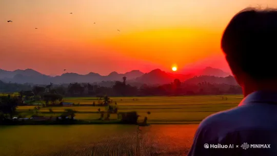 这幅画面描绘了一个宁静而美丽的乡村景象:
- **家乡风景**:这幅画作的主题是家乡的风景,可能是一个远离城市喧嚣的小村庄。这里的景色充满了自然的气息,让人感受到一种宁静和舒适。
- **落日**:画面中,落日正在缓缓下沉,天空被染成了橙红色,夕阳的余晖洒在大地上,给整个画面增添了一种温暖而柔和的氛围。落日象征着一天的结束,也常常让人联想到宁静和反思的时刻。
- **稻田**:稻田是乡村风景中常见的元素。画面中的稻田可能已经成熟,金黄色的稻穗在夕阳的映照下显得格外美丽。稻田的线条和形状为画面增添了层次感和节奏感。
- **鸟**:几只鸟儿在空中飞翔,或者栖息在稻田边的树上。鸟儿的存在为画面增添了一丝生机和活力,也让人感受到自然的和谐与美好。
- **人背面**:画面中有一个人的背影,可能是一个农民或者一个普通的乡村居民。这个人物背对着观众,面向落日和稻田,似乎在欣赏这美丽的景色,或者在享受这宁静的时刻。这个背影让人感受到一种与自然融为一体的和谐,也让人思考人与自然的关系。
整体来看,这幅画面通过落日、稻田、鸟和人的背影,营造了一个宁静、和谐、充满自然之美的乡村景象,让人感受到一种内心的平静和满足。 by Hailuo AI Video Generator
