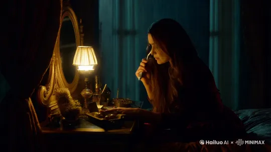 在一个月黑风高的夜里加渲染。有一个美丽的女人在梳头发。突然出现了一个男人戴着面具。 by Hailuo AI Video Generator