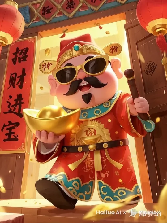 打开门，微笑，摇晃受中国的金元宝，灯笼飘动，烟花爆炸 by Hailuo AI Video Generator