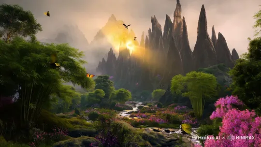鹊山图景
鹊山巍峨,云雾缭绕,奇峰异石耸立。山间古木参天,翠竹丛生,溪流潺潺绕山转。山间异兽隐现,鸟鸣声声,彩蝶飞舞。山巅之上,金光闪烁,似有灵兽盘踞。山脚下,繁花似锦,野花香溢,一片生机勃勃。整体画面神秘而壮丽,仿佛步入《山海经》中的奇幻世界,令人叹为观止。 by Hailuo AI Video Generator