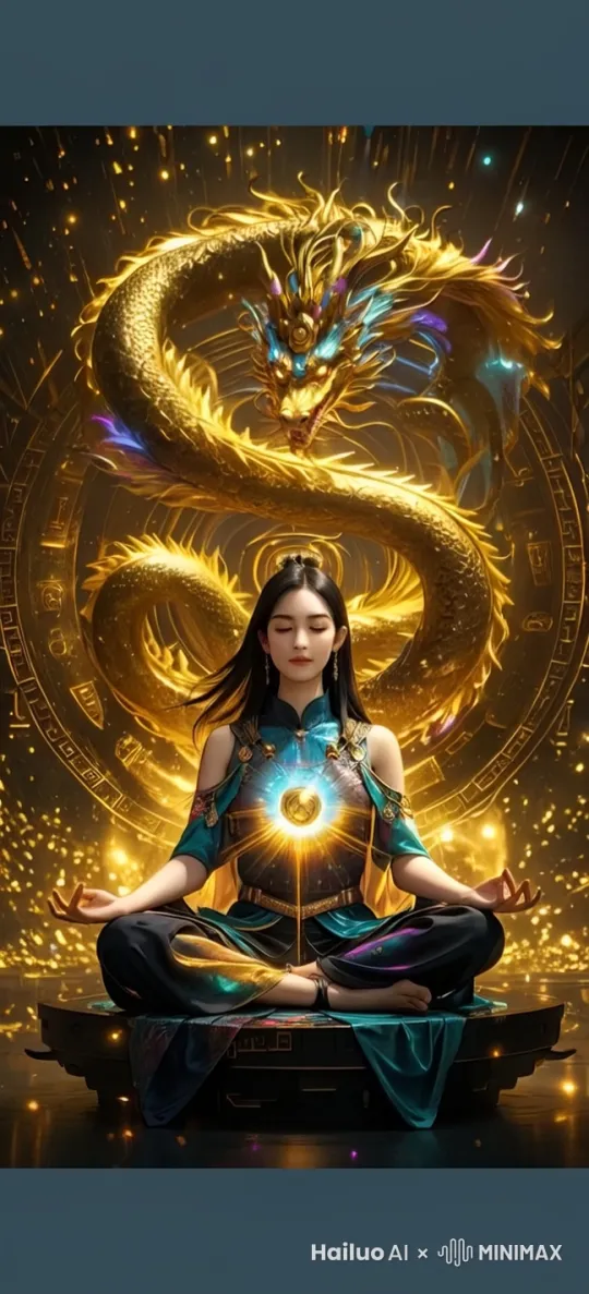 人物打坐，脸部不变形不扭曲，龙头不变形，漩涡旋转起来，光芒闪动，镜头静止不动 by Hailuo AI Video Generator