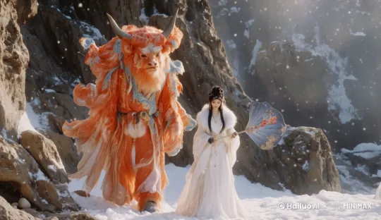 1牛魔王与1铁扇公主向观众走近，风雪，电影效果， by Hailuo AI Video Generator