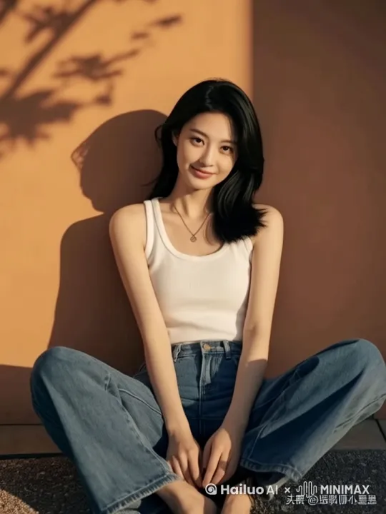 墙角边，一个美女坐在地上，微风吹起她的秀发，有几丝飘在她的额头上，她用手捋了一下，微微一笑，并做了一个胜利的手势。 by Hailuo AI Video Generator