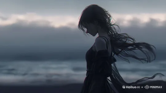 画面中的人物保持动作，慢慢抬起头，头发，衣服，云朵随风飘荡 by Hailuo AI Video Generator