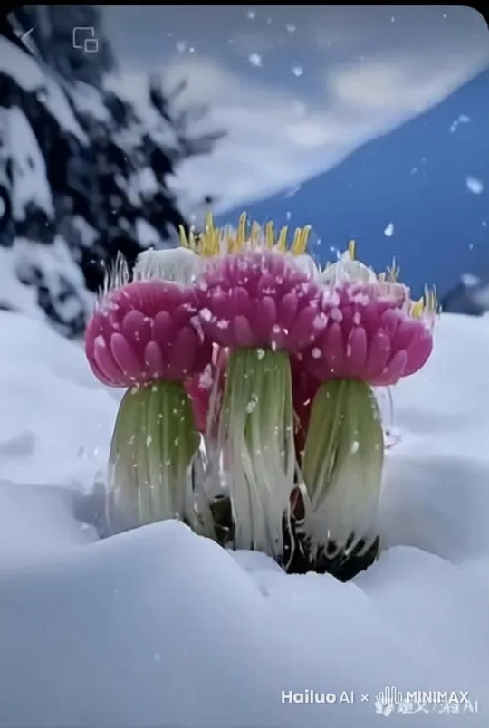 主体:粉色花朵形似莲花,花瓣饱满,花蕊金黄,茎部绿白相间,形态独特。
运镜:先特写花朵细节,再缓慢平移展现花朵在雪地中的分布,最后拉远呈现雪山背景。
场景:茫茫雪地中,几朵奇异花朵傲然绽放,雪花纷纷飘落,背景是巍峨的雪山和湛蓝的天空,营造出一种清冷而又生机勃勃的氛围,仿佛这些花朵是冰雪世界中的神秘精灵,给人带来视觉上的冲击和对未知自然的遐想。 by Hailuo AI Video Generator