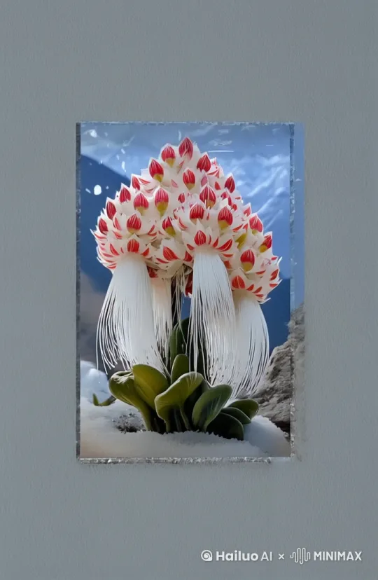 主体：粉色花朵形似莲花，花瓣饱满，花蕊金黄，茎部绿白相间，形态独特。
运镜：先特写花朵细节，再缓慢平移展现花朵在雪地中的分布，最后拉远呈现雪山背景。
场景：茫茫雪地中，几朵奇异花朵傲然绽放，雪花纷纷飘落，背景是巍峨的雪山和湛蓝的天空，营造出一种清冷而又生机勃勃的氛围，仿佛这些花朵是冰雪世界中的神秘精灵，给人带来视觉上的冲击和对未知自然的遐想。主体：红白相间奇特花朵，顶部花瓣红白相间，底部垂挂白色丝状结构，绿叶衬托。
运镜：从远处缓缓推近，聚焦花朵细节，再环绕展示其整体形态与周围环境。
场景：雪山背景，蓝天映衬，花朵立于雪地之上，雪花飘落，营造出一种清冷而神秘的氛围，仿佛是冰雪世界中独特的生命奇迹，给人一种梦幻般的视觉体验，仿佛置身于一个奇幻的异世界，充满了未知与惊喜。 by Hailuo AI Video Generator