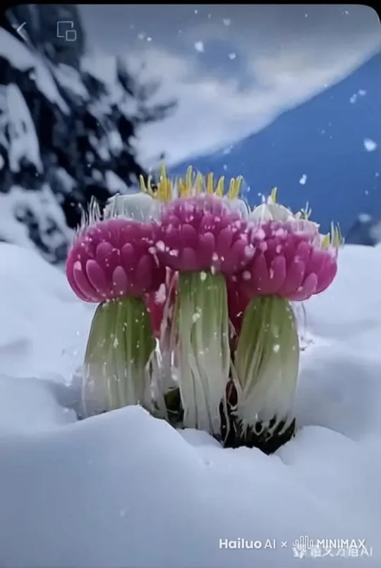 主体：粉色花朵形似莲花，花瓣饱满，花蕊金黄，茎部绿白相间，形态独特。
运镜：先特写花朵细节，再缓慢平移，水平运镜环绕花一圈，展现花朵在雪地中的分布，最后拉远呈现雪山背景。
场景：茫茫雪地中，几朵奇异花朵傲然绽放，雪花纷纷飘落，背景是巍峨的雪山和湛蓝的天空，营造出一种清冷而又生机勃勃的氛围，仿佛这些花朵是冰雪世界中的神秘精灵，给人带来视觉上的冲击和对未知自然的遐想。 by Hailuo AI Video Generator