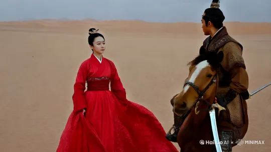 汉风 红衣少女 剑客 汗血宝马 骑马奔腾 戈壁沙漠 全景 由远及近 侧面 by Hailuo AI Video Generator