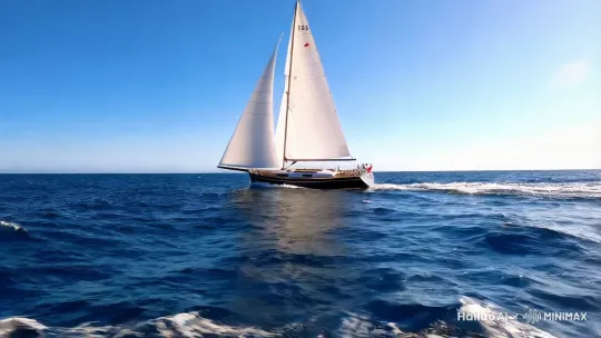 帆船航行在浩瀚的海上，湛蓝清澈的海水与翻滚的波浪共同描绘出一幅壮丽的画卷。海风轻拂，船帆高扬，每一次航行都是一次探索与冒险。阳光照耀在海面上，浪花飞溅，船身轻轻摇摆，留下一道道美丽的航行轨迹。在这宽广无垠的蓝色海洋中，我们感受到无尽的自由与激情，仿佛人生航程的每一个梦想都在这里启航。帆船航行不仅是一种冒险与探索，更是对自然之美的深深敬畏与向往。 by Hailuo AI Video Generator