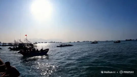 全景	厦门海域的海面风平浪静，阳光洒在海面上，波光粼粼。远处有几艘渔船在正常作业，渔民们欢声笑语，海面上还有一些海豚跃出水面。	15秒	厦门海域、平静、渔船、海豚 by Hailuo AI Video Generator
