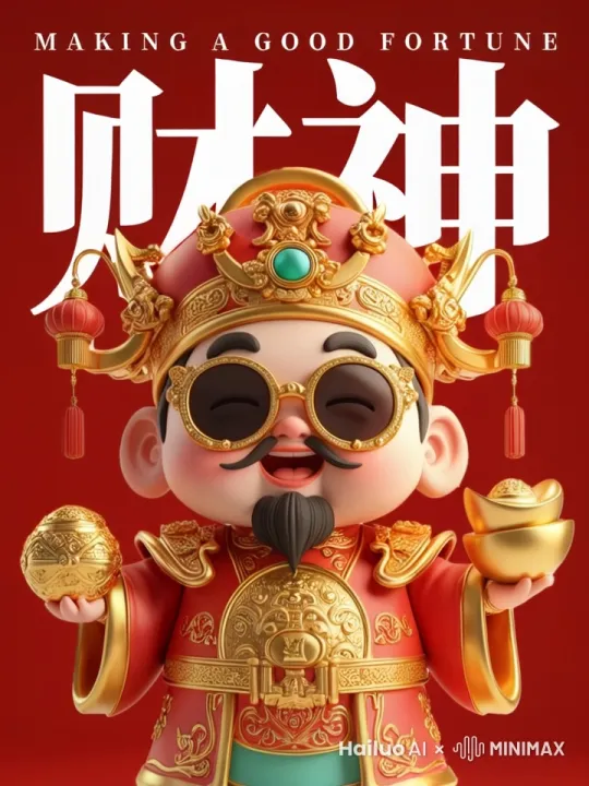 财神爷开心笑哈哈，不要睁开眼睛，送上金元宝与祝福，背景保持红色渐变比较喜庆，财神文字要变成发财！ by Hailuo AI Video Generator