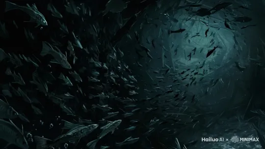 中景	镜头切换到水下，海水里的小鱼成群结队地游动，它们的身体表面有银色的光泽，鱼鳍摆动整齐有序，眼睛明亮。突然，一些小鱼开始慌乱地四处乱窜，一些小鱼的鱼鳍摆动得十分急促，眼睛里充满了惊恐，它们原本排列整齐的队伍变得混乱不堪。	小鱼惊慌、海洋生态变化 by Hailuo AI Video Generator