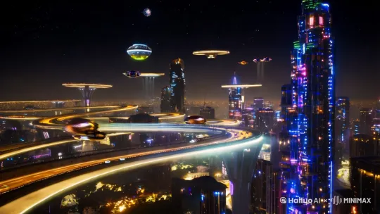 全景镜头: 宽阔无际的未来城市夜空，天空中各种飞行器来往，远方星空闪耀，下方是高耸入云的建筑、悬空环形道路以及闪烁的霓虹光，全景展现飞行器下方的未来城市夜景。
中景镜头: 天空中，各种飞碟来来往往，还有悬空道路环绕，上面车辆川流不息，突出城市夜空及霓虹灯。
特写镜头: 随着飞行器飞行，掠过一座座悬空的环形高架桥，旁边一架飞碟缓慢飞过，清晰可见。
动态跟拍镜头: 跟随飞行器前进，坡度很大又很长的悬空道路一幅幅在眼前宽阔的展开。 by Hailuo AI Video Generator