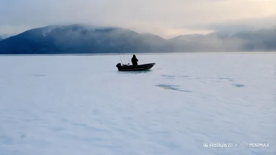 冬天，白雪，湖面，一艘小船，一个渔翁，远处有隐约的山，山间有薄雾 by Hailuo AI Video Generator