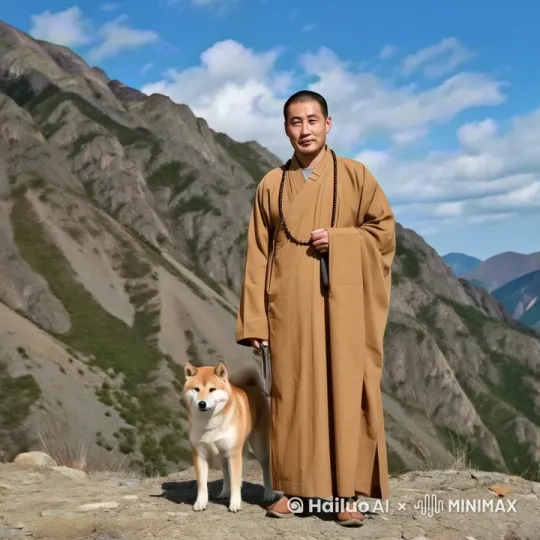 和尚在山坡上步行，柴犬跟随在身旁 by Hailuo AI Video Generator