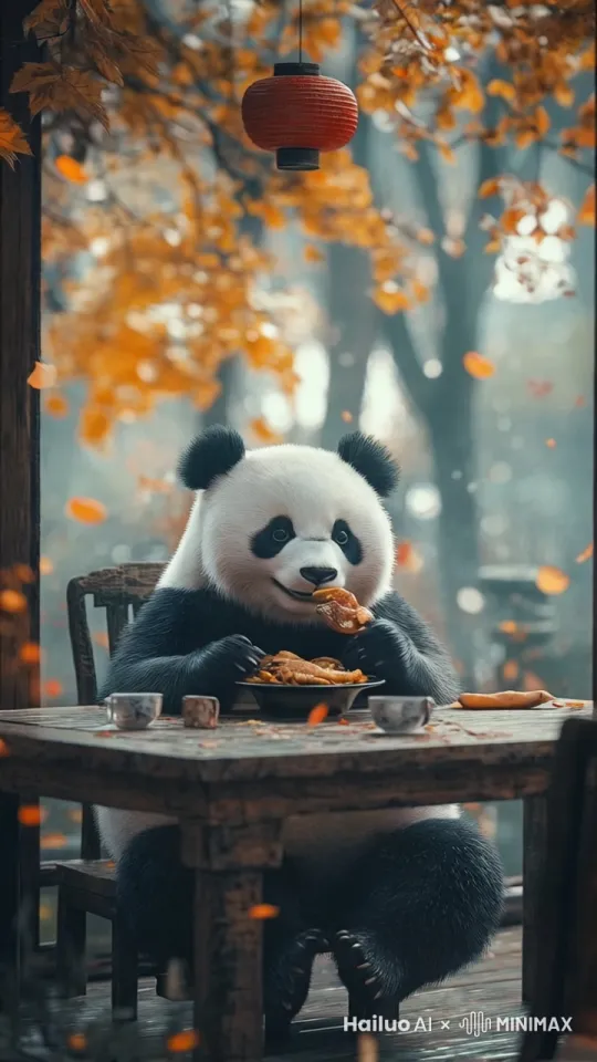 熊猫正在悠闲地吃着食物，一边咀嚼一边把手里的食物往嘴里送 by Hailuo AI Video Generator