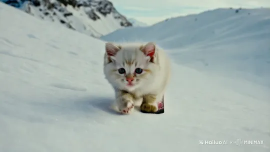 在雪山上,一只可爱的短腿白色短毛胖小猫,肥胖脑袋瓜,小小的身材,平静的表情,平静的神情,眼睛很明亮,在雪地上滑雪,雪,雪山,真实摄影,摄影作品,电影,现实,超广角,照片高清晰 --v 4 --ar 2:3 by Hailuo AI Video Generator