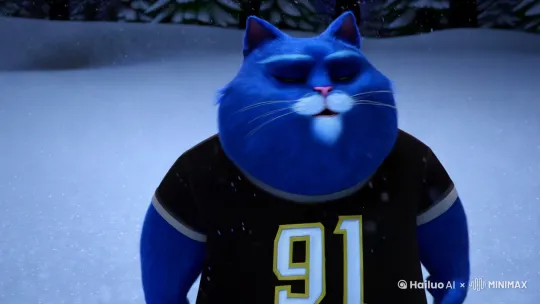 一个非常非常胖的蓝色猫在黑夜的下雪 穿着91数字衣服讲着话 by Hailuo AI Video Generator