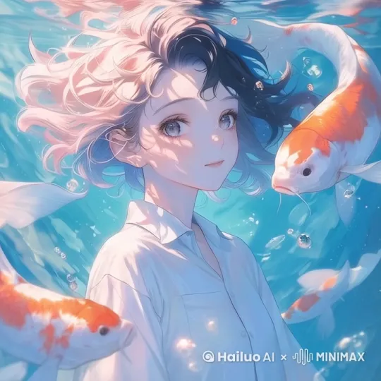 两条金鱼围绕着女孩游动，女孩头发飘逸，水波荡漾 by Hailuo AI Video Generator
