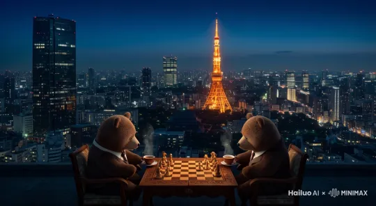 两头熊边喝咖啡边下棋 by Hailuo AI Video Generator