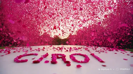无数的粉红色的玫瑰花瓣，从天空中爆炸，散开，变成一个logo"CARORI" by Hailuo AI Video Generator