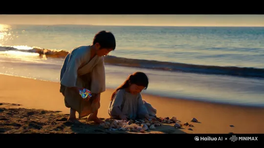 宫崎骏风格，小男孩和小女孩在海边捡海螺，场景是夕阳下 by Hailuo AI Video Generator