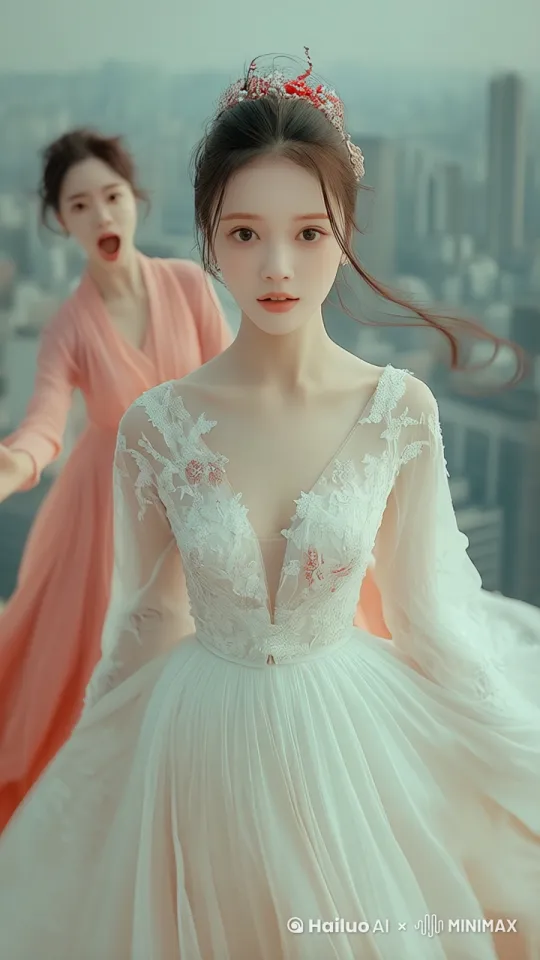 午后，阳光炽烈，城市高楼边缘，白衣女子面容冷漠，粉衣女子在身后焦急说着话，风吹动了女孩们的头发和衣服，镜头缓缓转到侧面45度，光线随着镜头变化 by Hailuo AI Video Generator