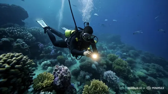 潜水员拿着手电筒在水下探索海洋生物， by Hailuo AI Video Generator
