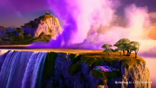 构图：  前景：可以画一个香炉峰，峰顶云雾缭绕，仿佛有紫色的烟雾升腾，这是诗中“日照香炉生紫烟”的描绘。  中景：在中景位置，画出瀑布从高处直泻而下，形成“飞流直下三千尺”的壮观景象。瀑布的水流要画得有力，表现出水流的冲击力和速度感。  远景：在瀑布的上方，可以画出天空，天空中的云彩可以画得较为轻盈，与瀑布的厚重形成对比。同时，可以在天空中画出银河的轮廓，暗示“疑是银河落九天”的意境。  色彩：  使用暖色调来表现日照下的香炉峰，如橙色、黄色等，以表现阳光的温暖和明亮。  瀑布的水可以用冷色调，如蓝色、白色，来表现水的清凉和流动感。  天空可以用淡蓝色或紫色，来表现天空的广阔和深邃。  细节：  在香炉峰的周围，可以画一些树木和花草，增加画面的生机。  瀑布下方可以画出水花四溅的效果，表现水流的冲击力。  银河可以用银色或淡灰色的线条来勾勒，不必过于明显，以保持画面的神秘感。  意境：  整幅画要传达出一种宏伟、壮观的自然景观，同时也要有一种超脱尘世的意境，让人感受到诗人对自然美景的赞叹和对宇宙浩瀚的遐想。 by Hailuo AI Video Generator