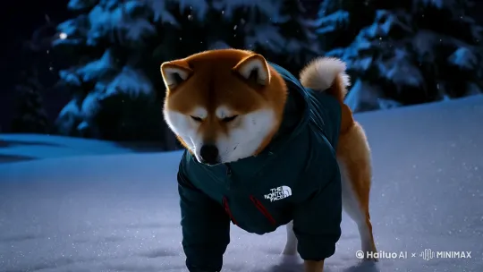 柴犬，拟人，穿着北面，夜晚，下雪，超真实，动作有逻辑性 by Hailuo AI Video Generator