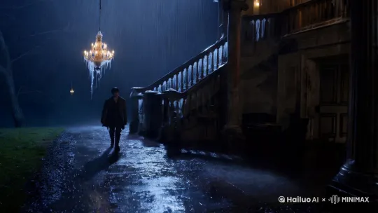 在一个风雨交加的夜晚，一个年轻的旅行者在一条偏僻的乡村小路上迷了路。他看到前方有一座古老的宅院，决定去那里避雨。宅院里空无一人，只有他一个人。突然，他听到了楼上传来轻微的脚步声，他想可能是风吹动了地板。但当他上楼去查看时，发现脚步声越来越清晰，而且似乎有人在跟着他。他开始感到害怕，决定离开。就在他转身的那一刻，他看到一个模糊的身影在走廊尽头消失。他赶紧跑出宅院，再也不敢回头 by Hailuo AI Video Generator
