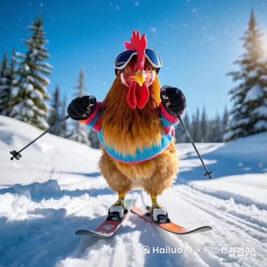 快乐鸡搞笑滑雪。 by Hailuo AI Video Generator