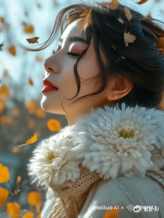 美女缓缓睁开眼睛，缓缓的转过头面对镜头，面带微笑，发丝随风飘扬，树叶也缓缓飘落 by Hailuo AI Video Generator