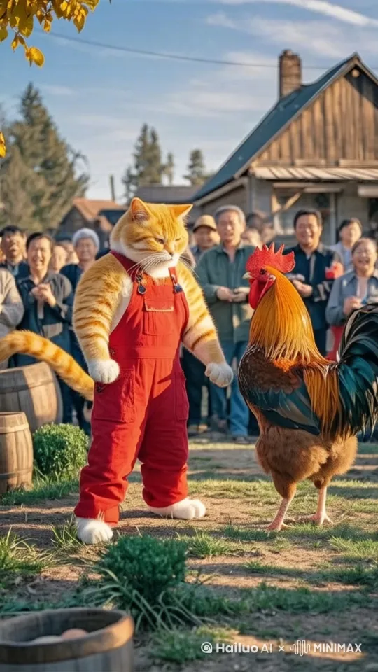 大橘猫和大公鸡史诗般的打斗场面，互相拳打脚踢，大橘猫用手拍打公鸡的脸，不料公鸡翅膀完美挡住并用脚踢了大橘猫的头，功夫打架，打得热火朝天，动作行云流水，干脆利索，场面非常吸引人，周围人群纷纷鼓掌 by Hailuo AI Video Generator